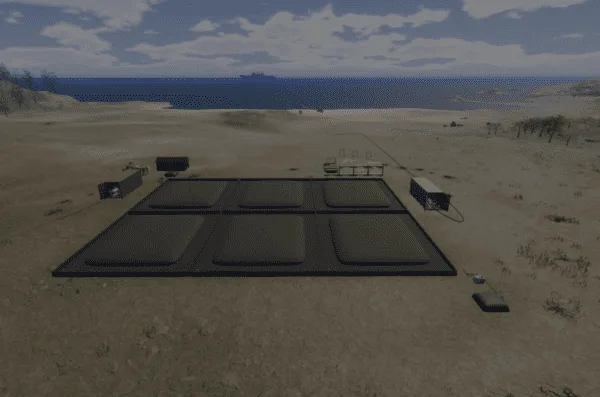 3D representation of our fuel bladder system. 6 large fuel bladders on a beach surrounded by equipment, with a fuel ship in the far distance.