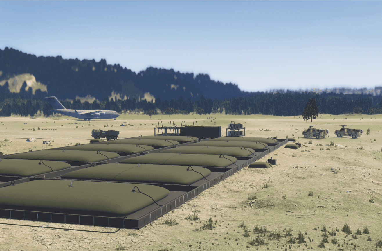 3D representation of our fuel bladder system. 12 large fuel bladders on a temporary airfield, with large planes in the background