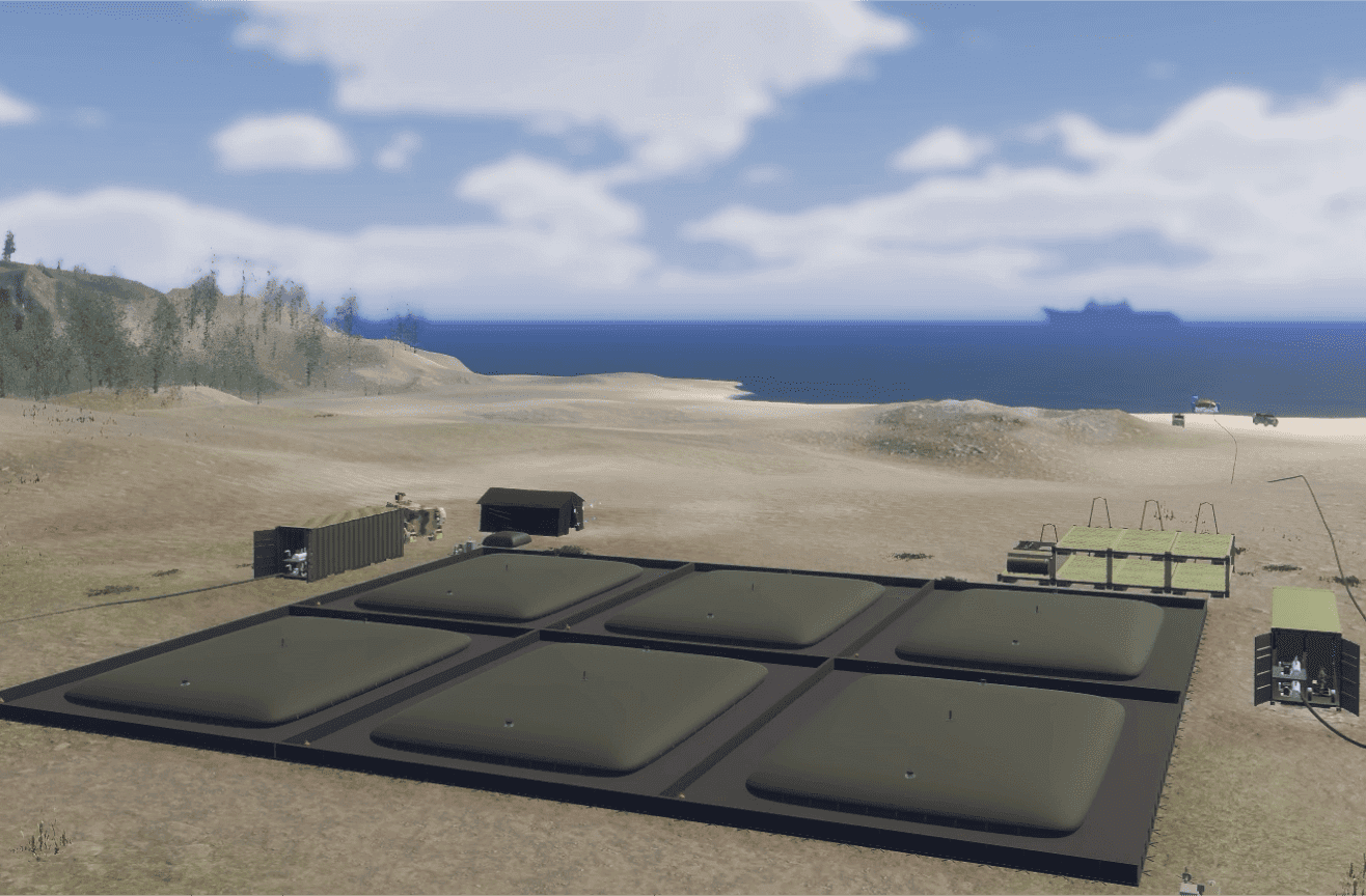 3D representation of our fuel bladder system. 6 large fuel bladders on a beach surrounded by equipment, with a fuel ship in the far distance.