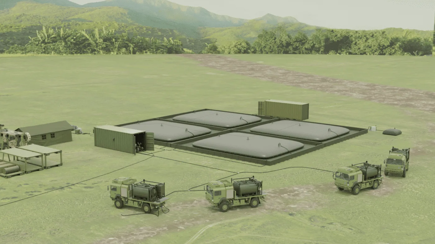 3D concept example of our fuel bladder system. Showing 4 fuel bladders set up in location with various trucks and containers around them.